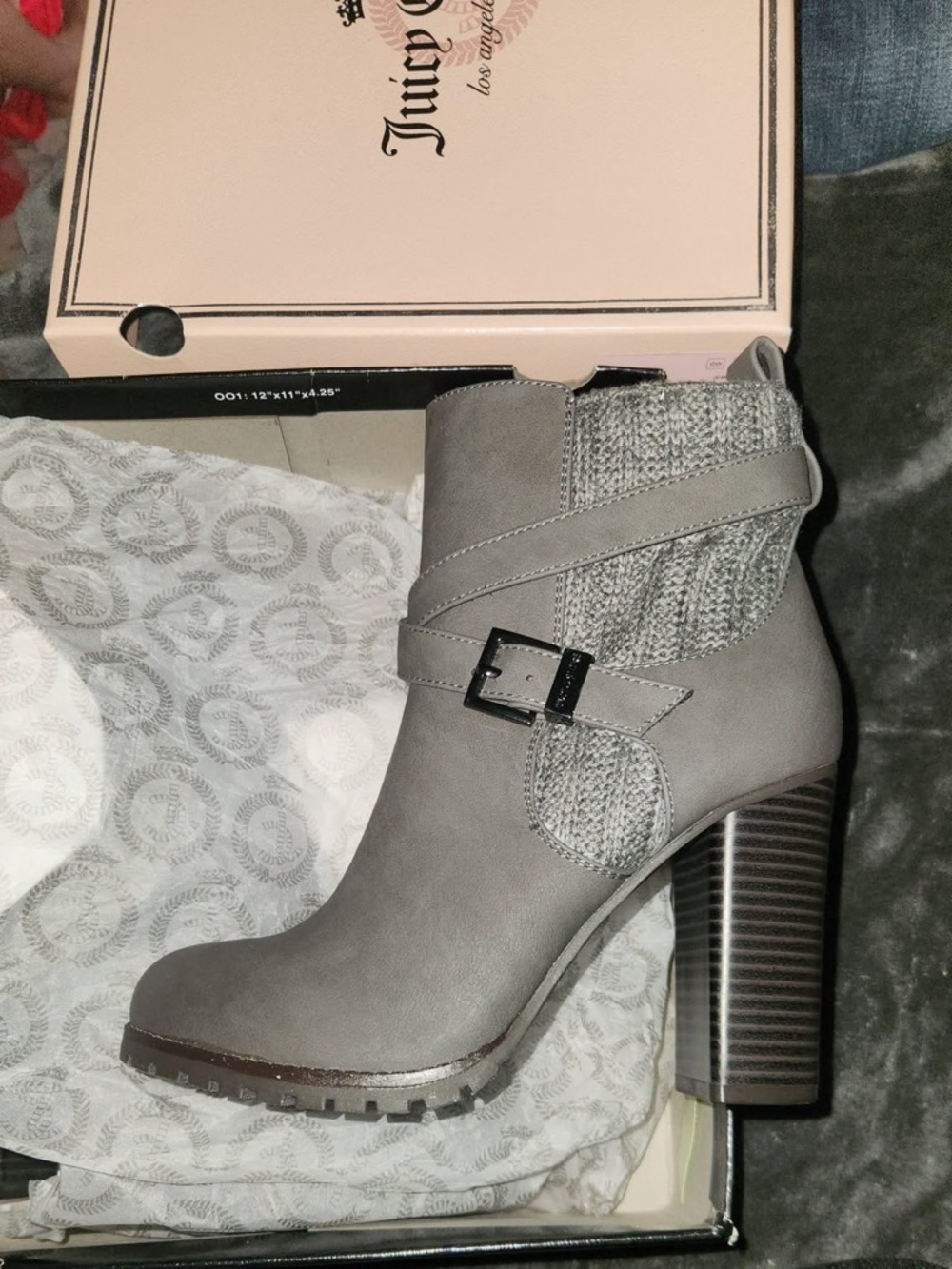 Juicy Couture Gray Knit-Trim Block Heel Ankle Boots